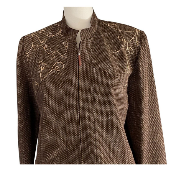 Sag Harbor Petite Brown Gold Embroidered Zip Up Jacket Size 12P Woven Texture - Picture 11 of 12
